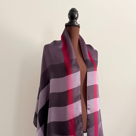 Display #2 Burberry Check Print Purple Silk Scarf - Picture 15 of 16